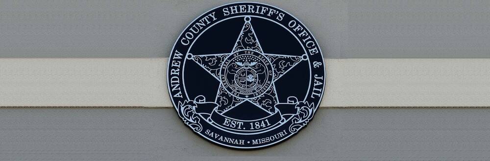 The Andrew County Sheriff's Office and Jail badge above the entrance of the jail.